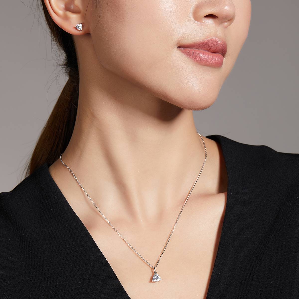 Classic triangle S925 silver plated platinum Moissanite diamond pendant earring set